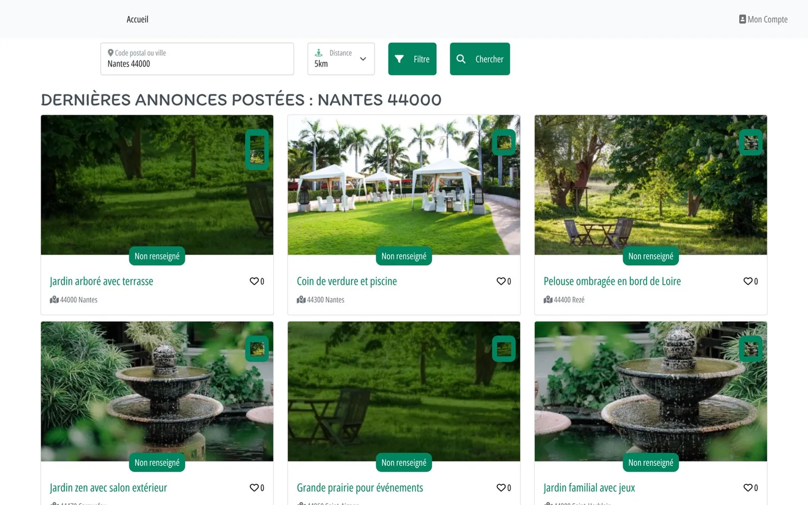 Capture d'écran Marketplace de location de jardins