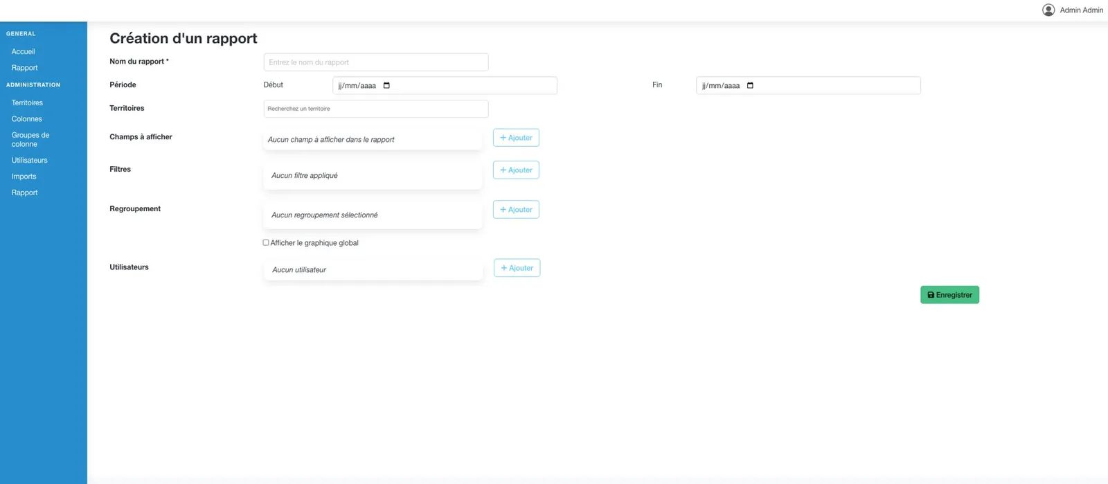 Capture d'écran Plateforme d'import et de reporting de données